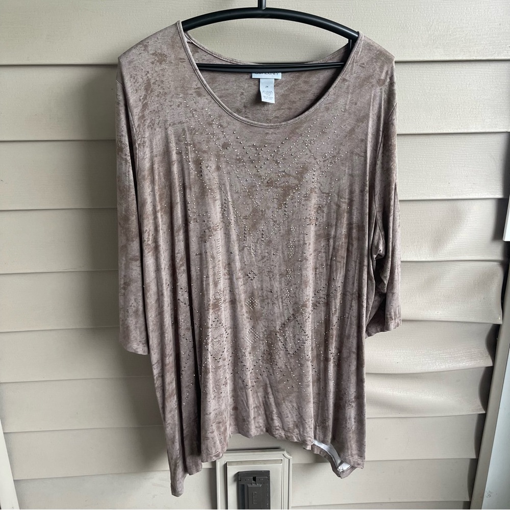Catherines Blouse Tunic Size 2X 3/4 Sleeve Brown Tie Dye Sparkle Shark Bite